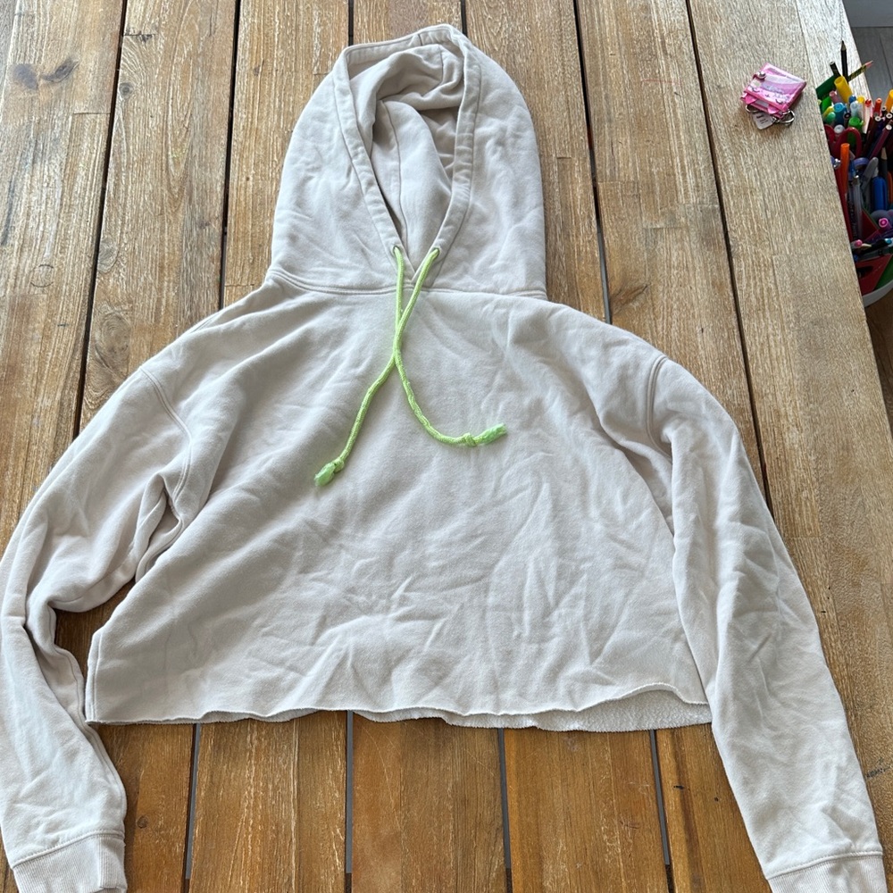 Wild Fable Cream Cropped Hoodie with Neon Green Drawstring